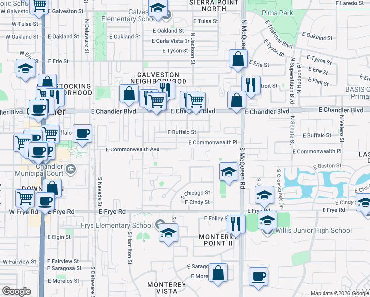 map of restaurants, bars, coffee shops, grocery stores, and more near 699 East Commonwealth Avenue in Chandler