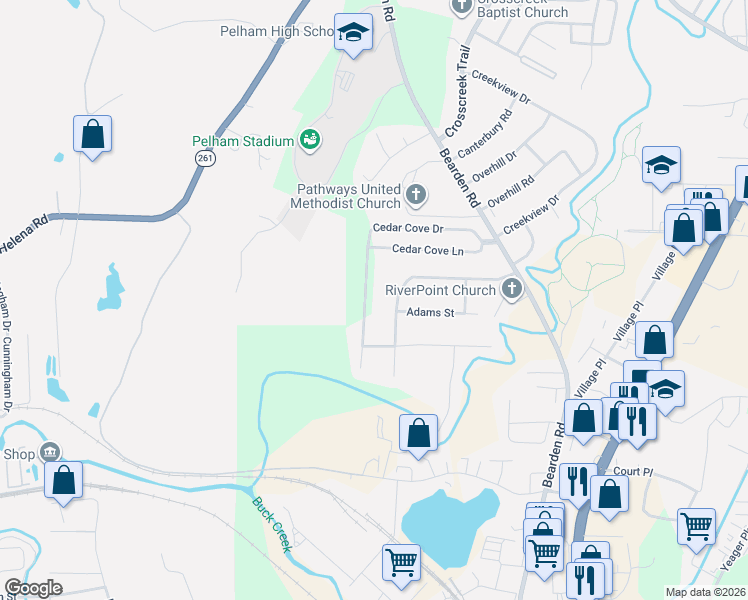 map of restaurants, bars, coffee shops, grocery stores, and more near 1248 David Drive in Pelham