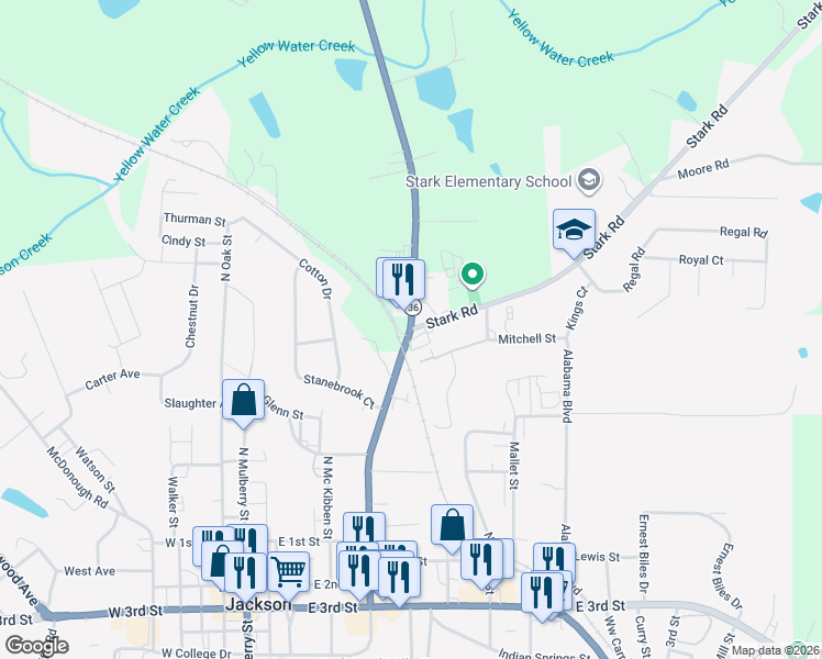 map of restaurants, bars, coffee shops, grocery stores, and more near 110 Stark Road in Jackson