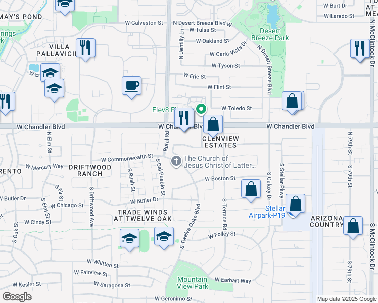 map of restaurants, bars, coffee shops, grocery stores, and more near 4844 West Commonwealth Place in Chandler