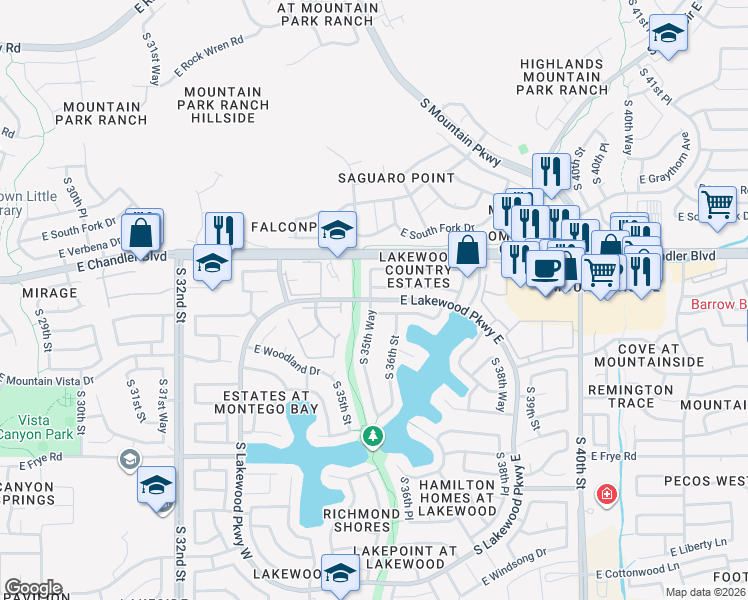 map of restaurants, bars, coffee shops, grocery stores, and more near 3123 East Lakewood Parkway East in Phoenix