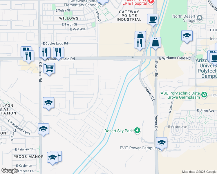map of restaurants, bars, coffee shops, grocery stores, and more near 4505 E Jones St in Gilbert