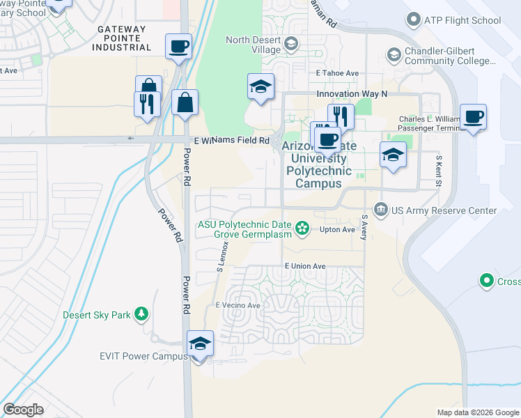 map of restaurants, bars, coffee shops, grocery stores, and more near East Ulysses Avenue in Mesa