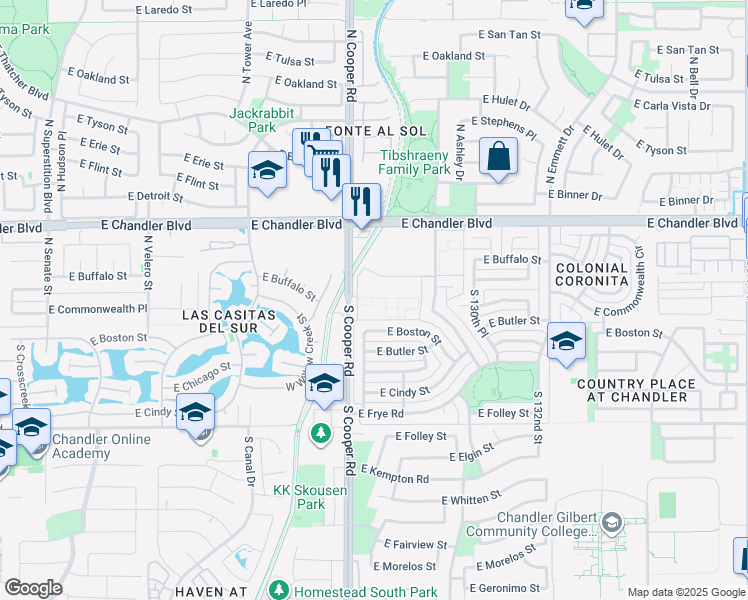 map of restaurants, bars, coffee shops, grocery stores, and more near 125 East Commonwealth Avenue in Chandler