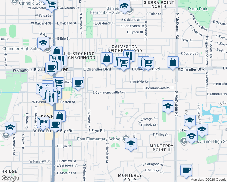 map of restaurants, bars, coffee shops, grocery stores, and more near 23 South Hamilton Street in Chandler