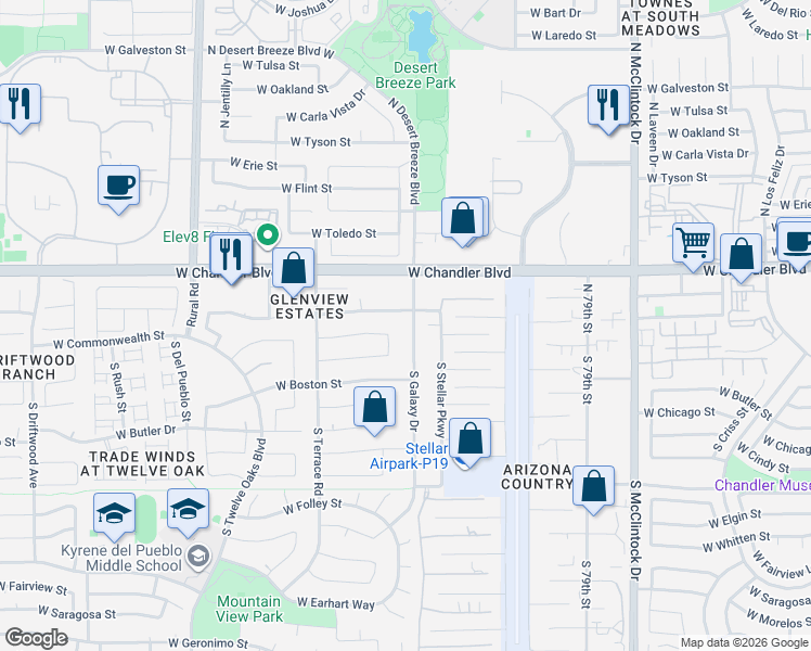 map of restaurants, bars, coffee shops, grocery stores, and more near 5 South Galaxy Drive in Chandler
