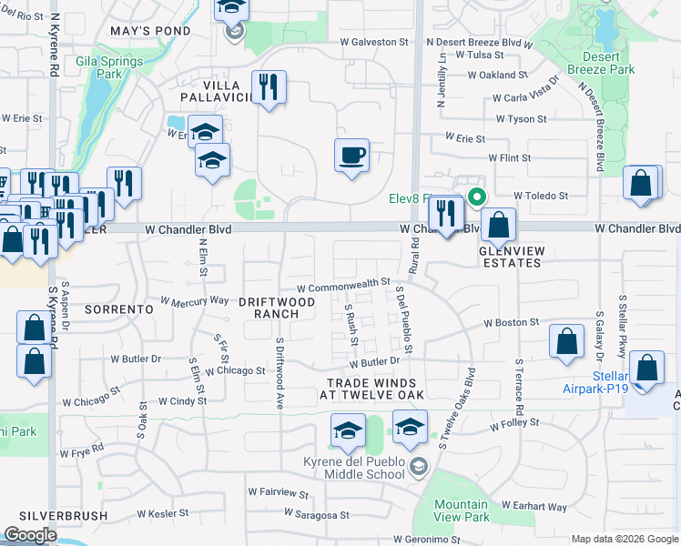 map of restaurants, bars, coffee shops, grocery stores, and more near 5146 West Mercury Way in Chandler