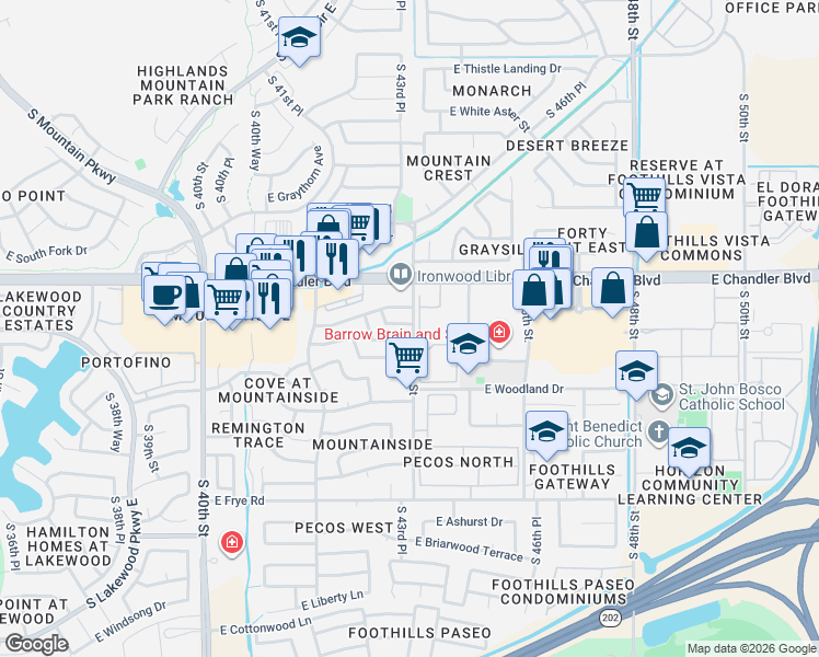map of restaurants, bars, coffee shops, grocery stores, and more near 4700 S Fulton Ranch Blvd in Chandler
