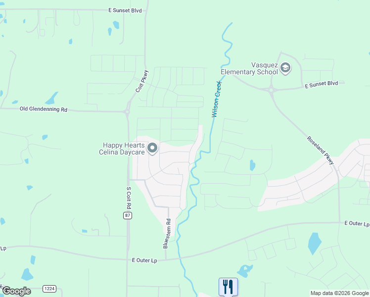 map of restaurants, bars, coffee shops, grocery stores, and more near 1740 Ambrosia Road in Celina