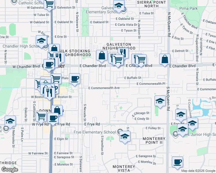 map of restaurants, bars, coffee shops, grocery stores, and more near 23 South Hamilton Street in Chandler