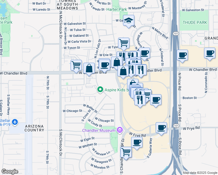 map of restaurants, bars, coffee shops, grocery stores, and more near 1 North Hearthstone Way in Chandler