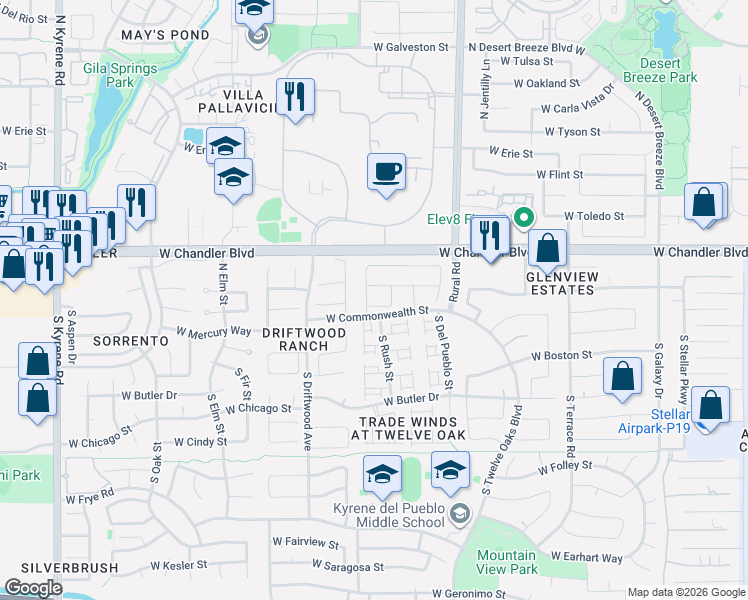 map of restaurants, bars, coffee shops, grocery stores, and more near 5146 West Mercury Way in Chandler