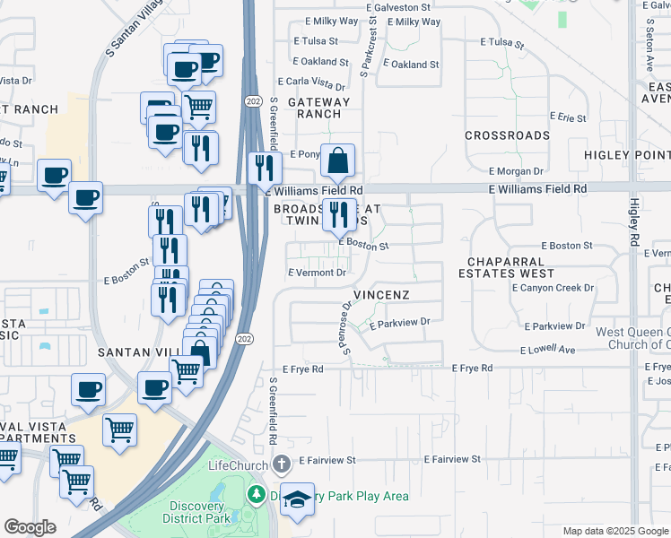map of restaurants, bars, coffee shops, grocery stores, and more near 2551 East Vermont Drive in Gilbert