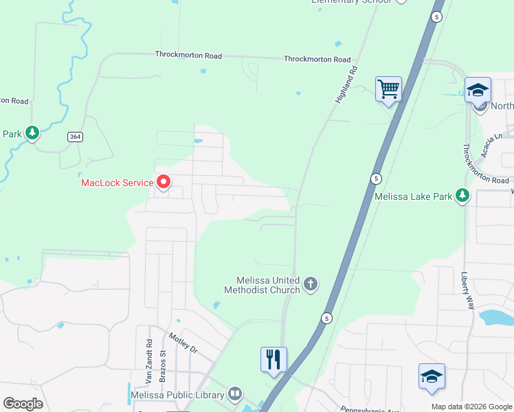 map of restaurants, bars, coffee shops, grocery stores, and more near 7359 County Road 365 in Melissa