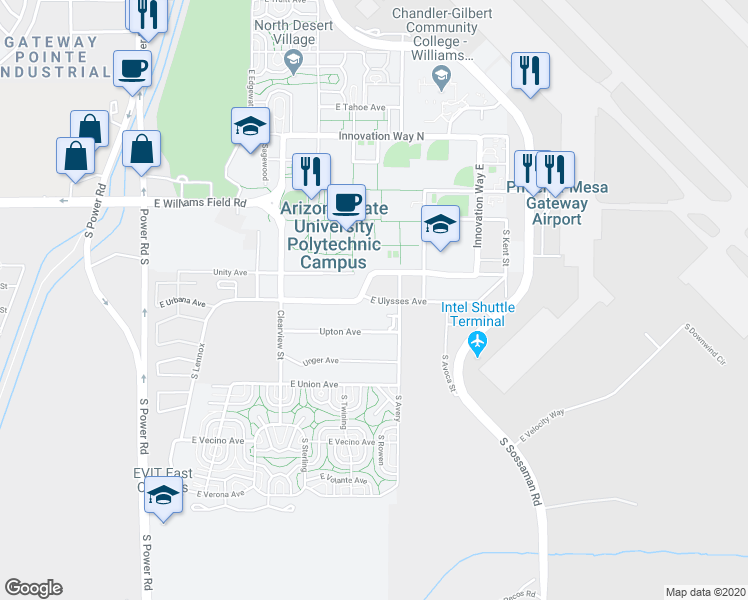 map of restaurants, bars, coffee shops, grocery stores, and more near East Ulysses Avenue in Mesa