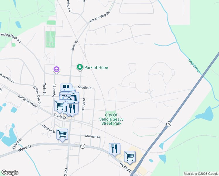 map of restaurants, bars, coffee shops, grocery stores, and more near 272 Johnson Street in Senoia