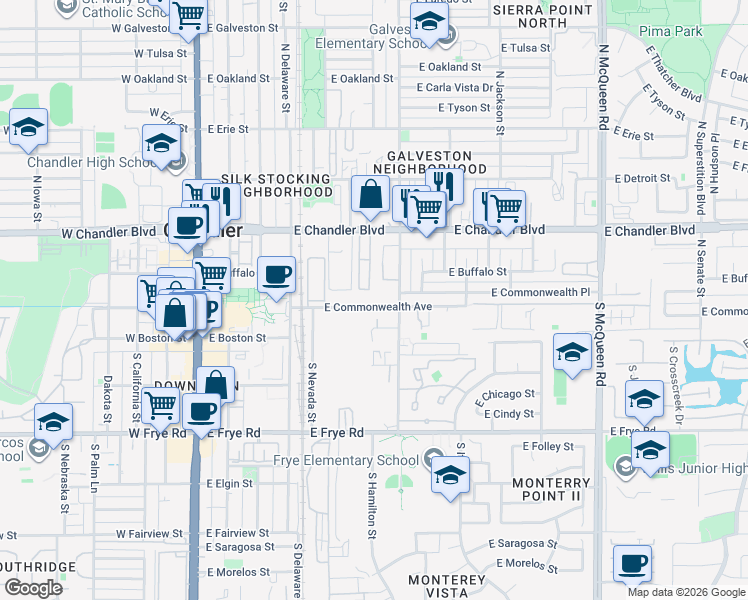 map of restaurants, bars, coffee shops, grocery stores, and more near 506 East Boston Circle in Chandler
