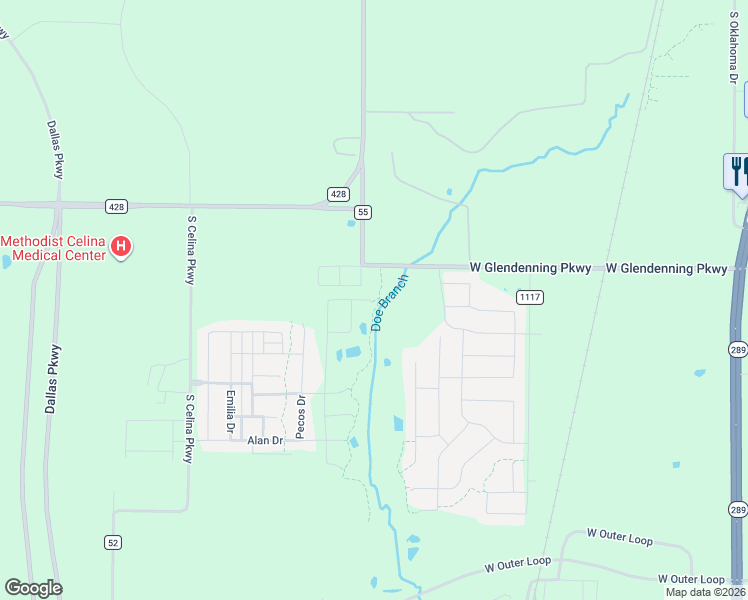map of restaurants, bars, coffee shops, grocery stores, and more near Private Road 5281 in Celina