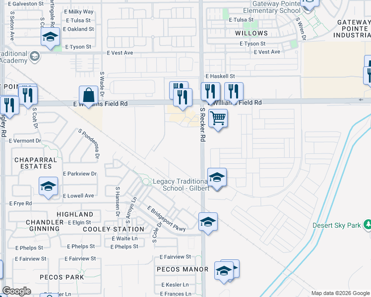 map of restaurants, bars, coffee shops, grocery stores, and more near 16012 South Recker Road in Gilbert