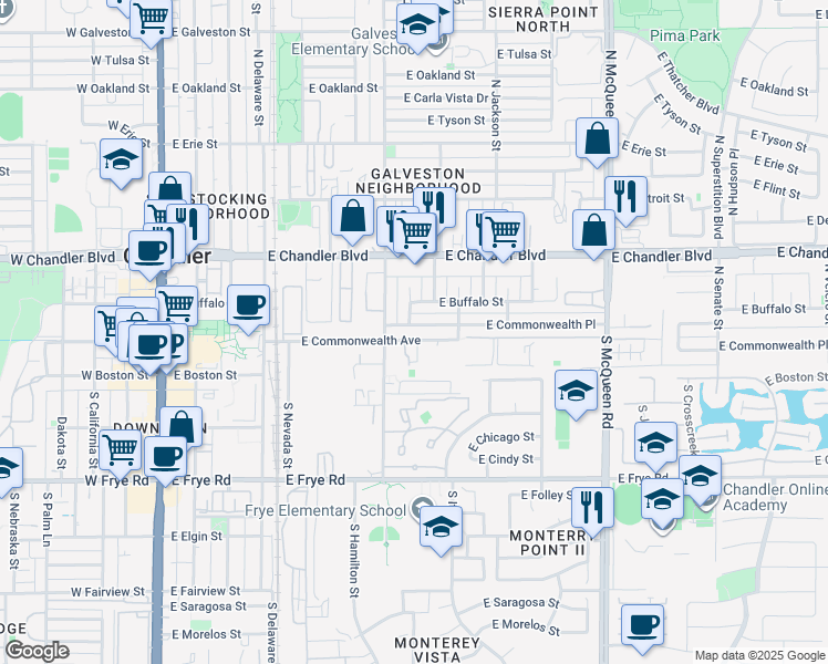 map of restaurants, bars, coffee shops, grocery stores, and more near 655 East Commonwealth Avenue in Chandler