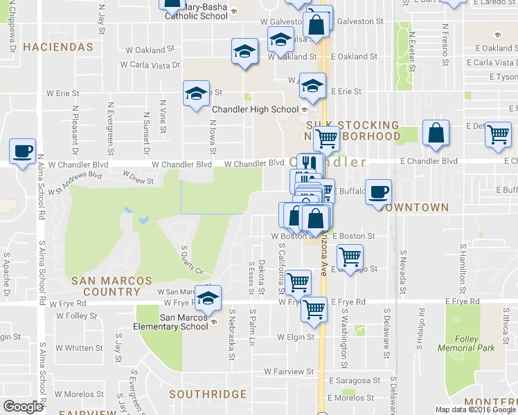 map of restaurants, bars, coffee shops, grocery stores, and more near 1 West San Marcos Drive in Chandler