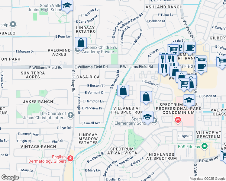 map of restaurants, bars, coffee shops, grocery stores, and more near 2499 South Velvendo Drive in Gilbert