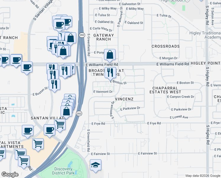 map of restaurants, bars, coffee shops, grocery stores, and more near 2549 East Boston Street in Gilbert