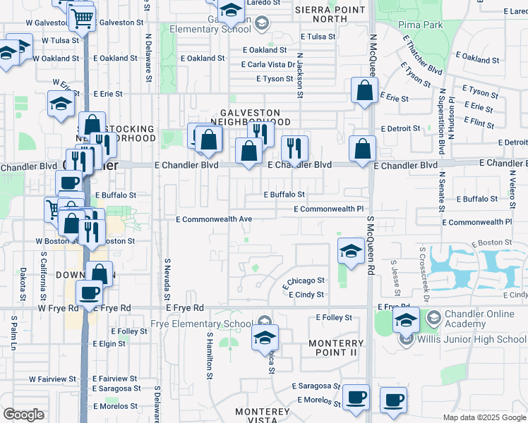 map of restaurants, bars, coffee shops, grocery stores, and more near 643 East Buffalo Street in Chandler