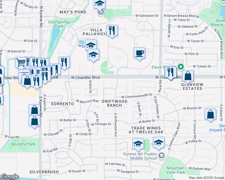 map of restaurants, bars, coffee shops, grocery stores, and more near 5446 West Buffalo Street in Chandler