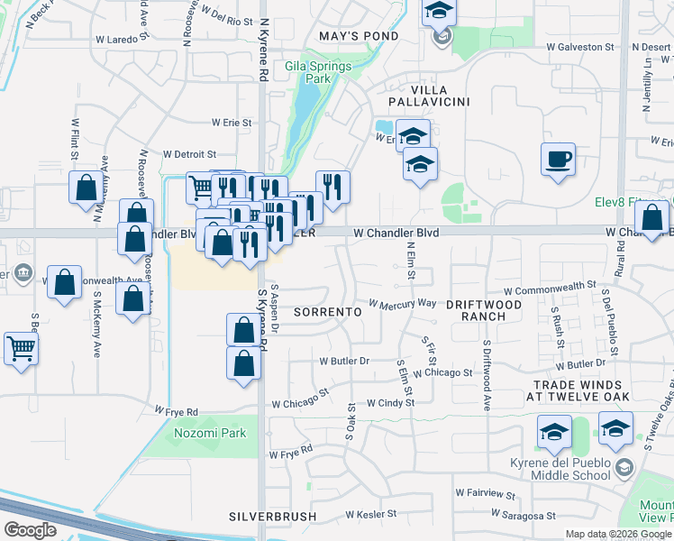map of restaurants, bars, coffee shops, grocery stores, and more near 3 South Poplar Way in Chandler