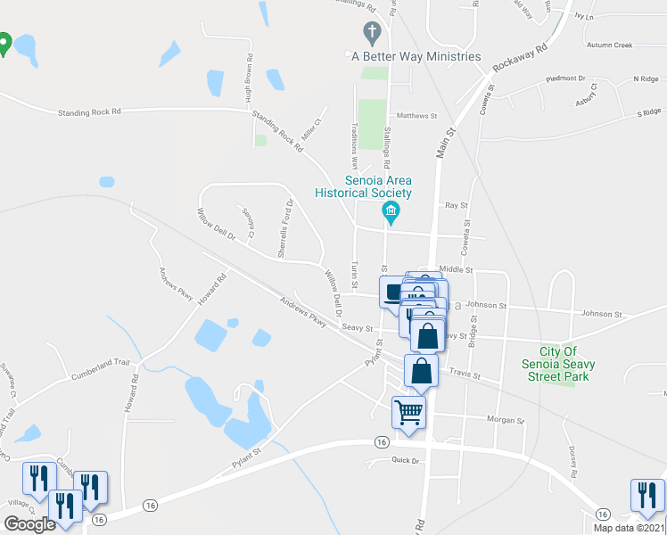 map of restaurants, bars, coffee shops, grocery stores, and more near 101 Willow Dell Drive in Senoia
