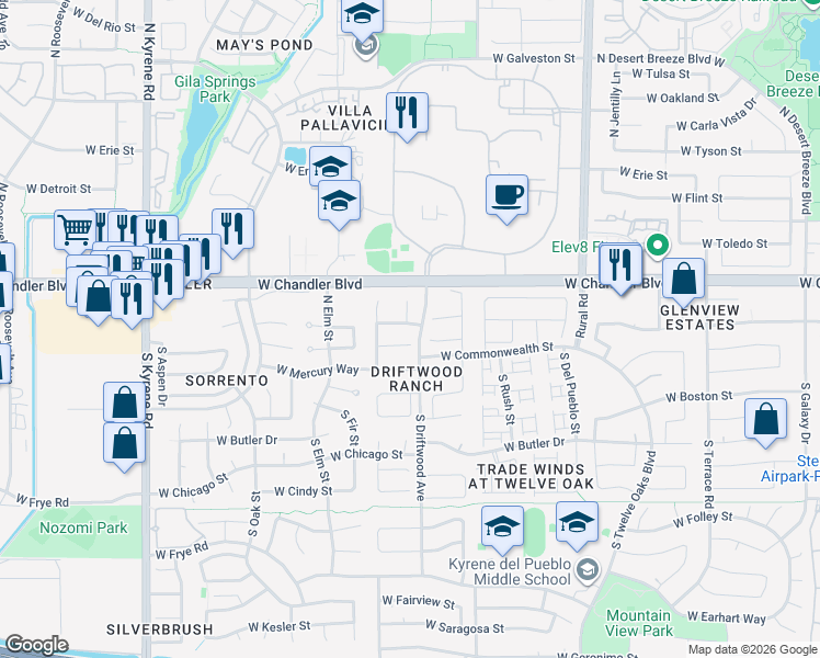 map of restaurants, bars, coffee shops, grocery stores, and more near 5446 West Buffalo Street in Chandler