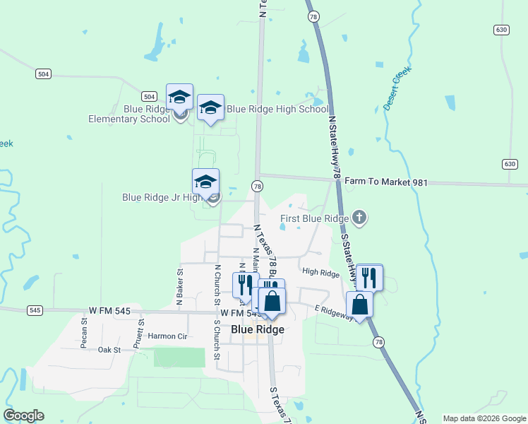map of restaurants, bars, coffee shops, grocery stores, and more near 501 Texas 78 Business in Blue Ridge