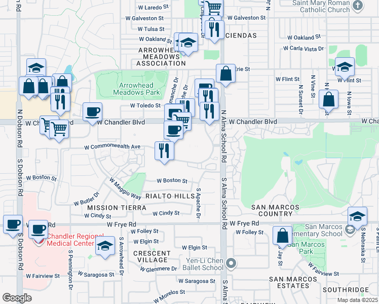 map of restaurants, bars, coffee shops, grocery stores, and more near in Chandler