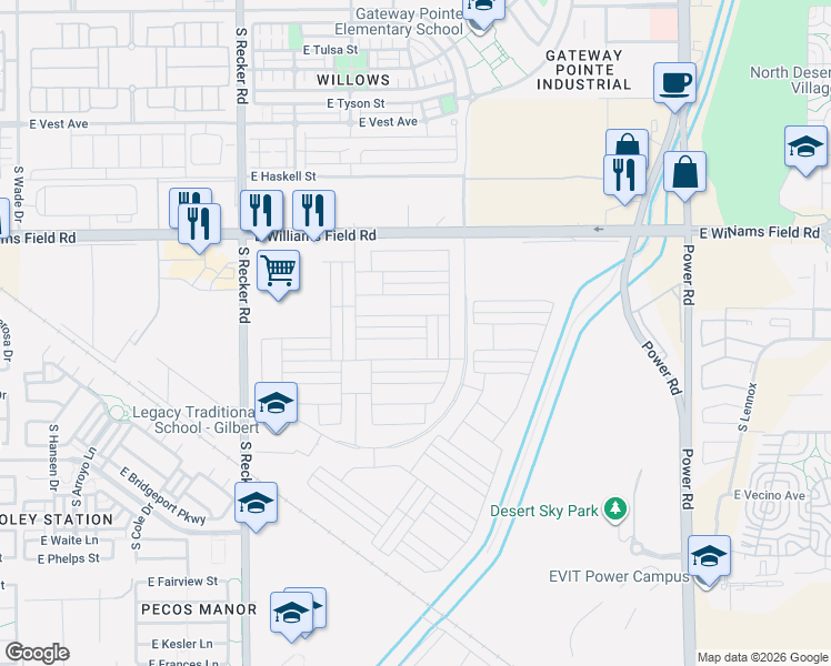 map of restaurants, bars, coffee shops, grocery stores, and more near 4296 East Skousen Street in Gilbert