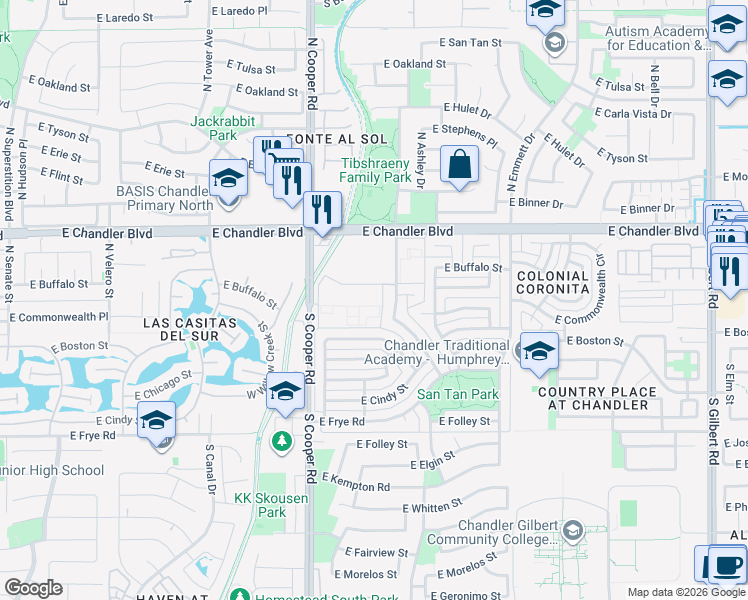 map of restaurants, bars, coffee shops, grocery stores, and more near 126 North Cottonwood Street in Chandler