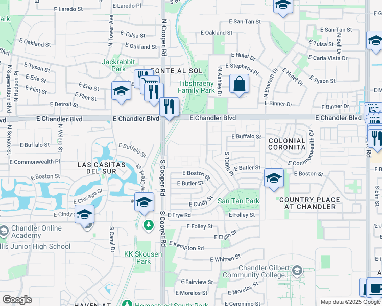 map of restaurants, bars, coffee shops, grocery stores, and more near 126 North Cottonwood Street in Chandler