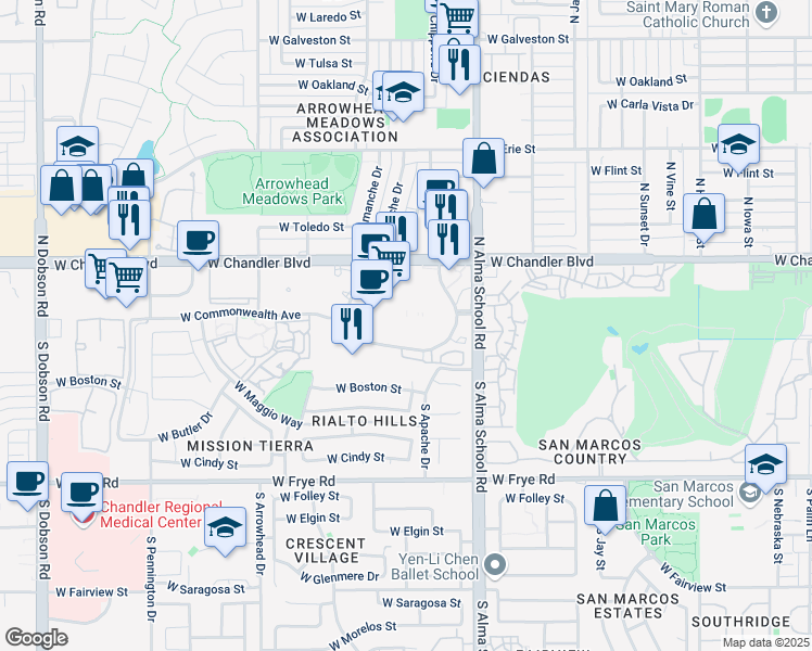map of restaurants, bars, coffee shops, grocery stores, and more near 1159 West Chandler Boulevard in Chandler