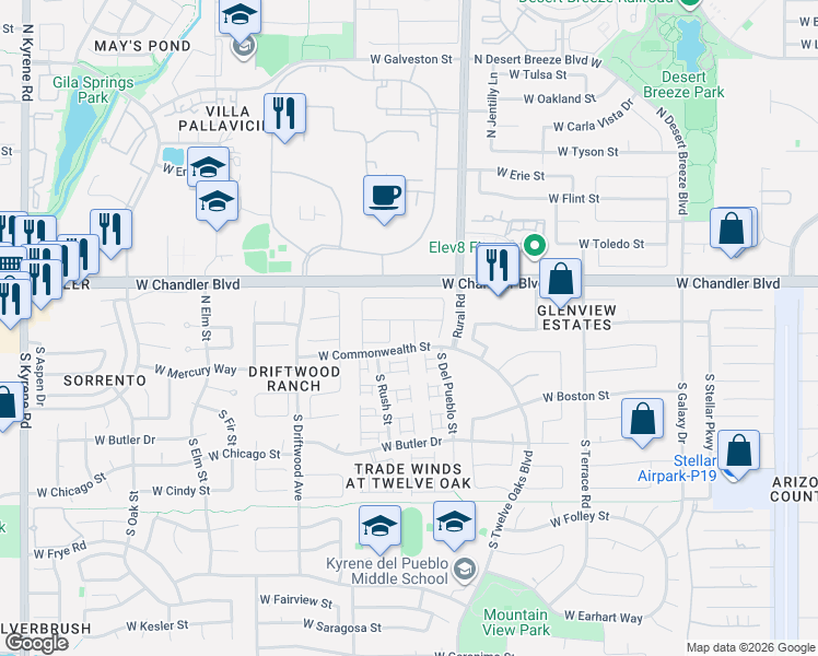 map of restaurants, bars, coffee shops, grocery stores, and more near 5082 West Buffalo Street in Chandler