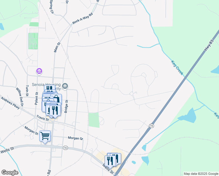 map of restaurants, bars, coffee shops, grocery stores, and more near 150 Pinedale Lane in Senoia