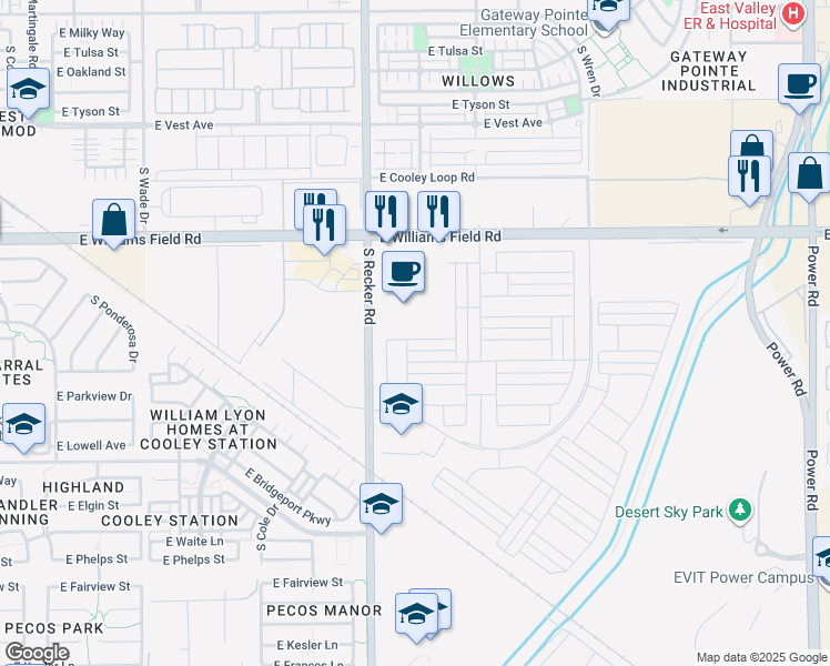 map of restaurants, bars, coffee shops, grocery stores, and more near 4115 East Williams Field Road in Gilbert