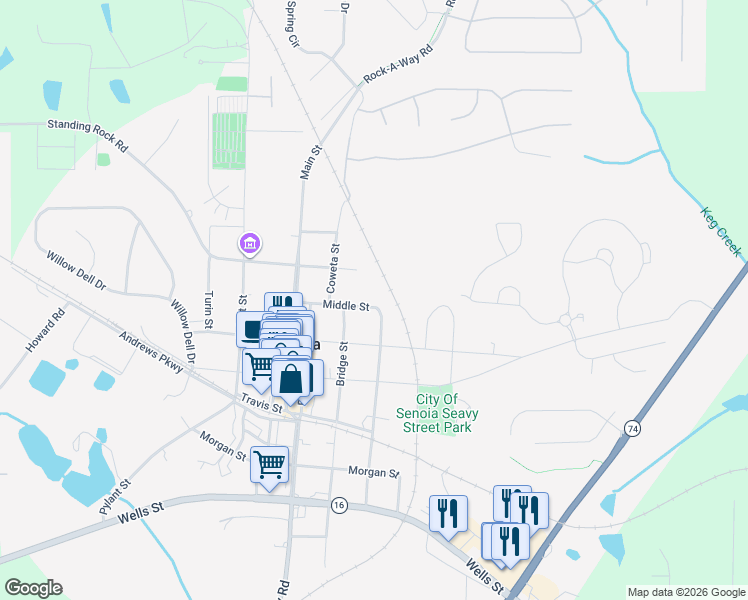 map of restaurants, bars, coffee shops, grocery stores, and more near 98 Middle Street in Senoia
