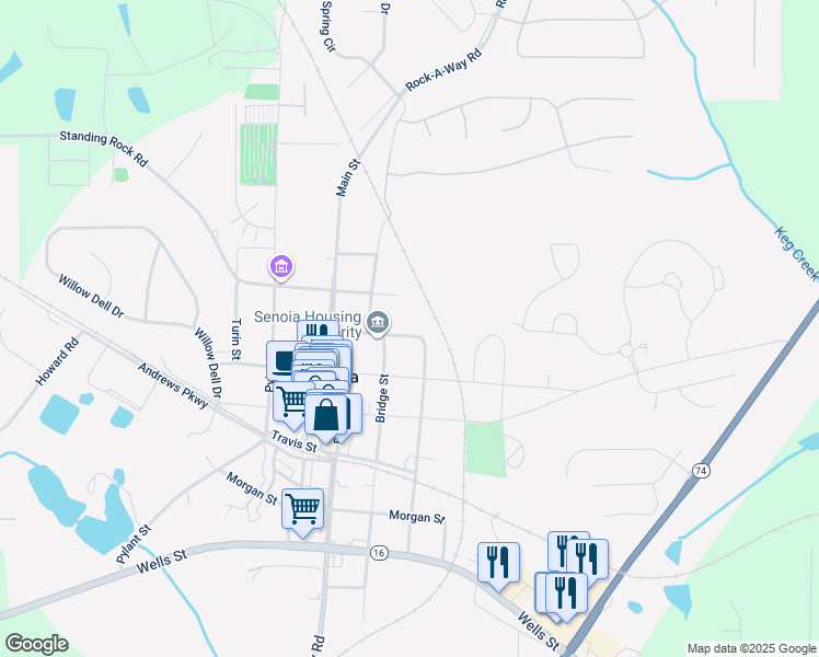 map of restaurants, bars, coffee shops, grocery stores, and more near 90 Middle Street in Senoia