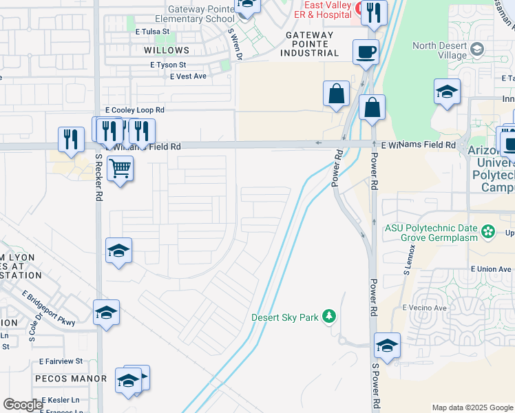 map of restaurants, bars, coffee shops, grocery stores, and more near 4436 East Bethena Street in Gilbert