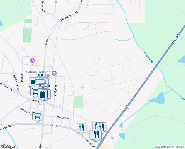 map of restaurants, bars, coffee shops, grocery stores, and more near 150 Pinedale Lane in Senoia