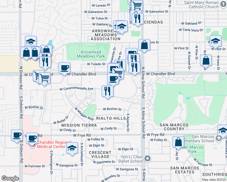 map of restaurants, bars, coffee shops, grocery stores, and more near 1159 West Chandler Boulevard in Chandler