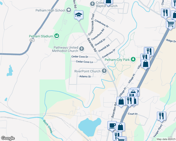 map of restaurants, bars, coffee shops, grocery stores, and more near 1228 David Drive in Pelham