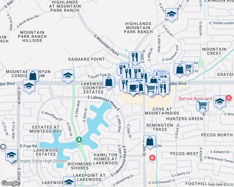map of restaurants, bars, coffee shops, grocery stores, and more near 3820 East Lakewood Parkway East in Phoenix