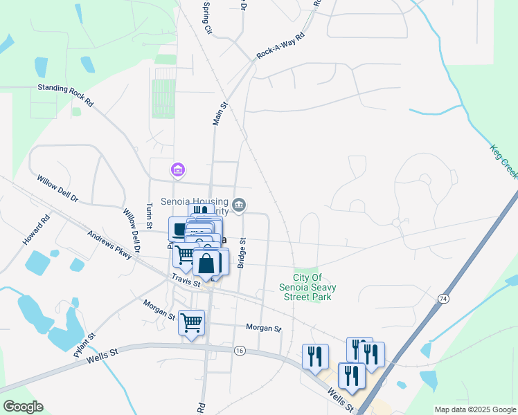 map of restaurants, bars, coffee shops, grocery stores, and more near 90 Middle Street in Senoia