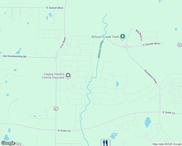 map of restaurants, bars, coffee shops, grocery stores, and more near 1512 Rose Mallow Road in Celina